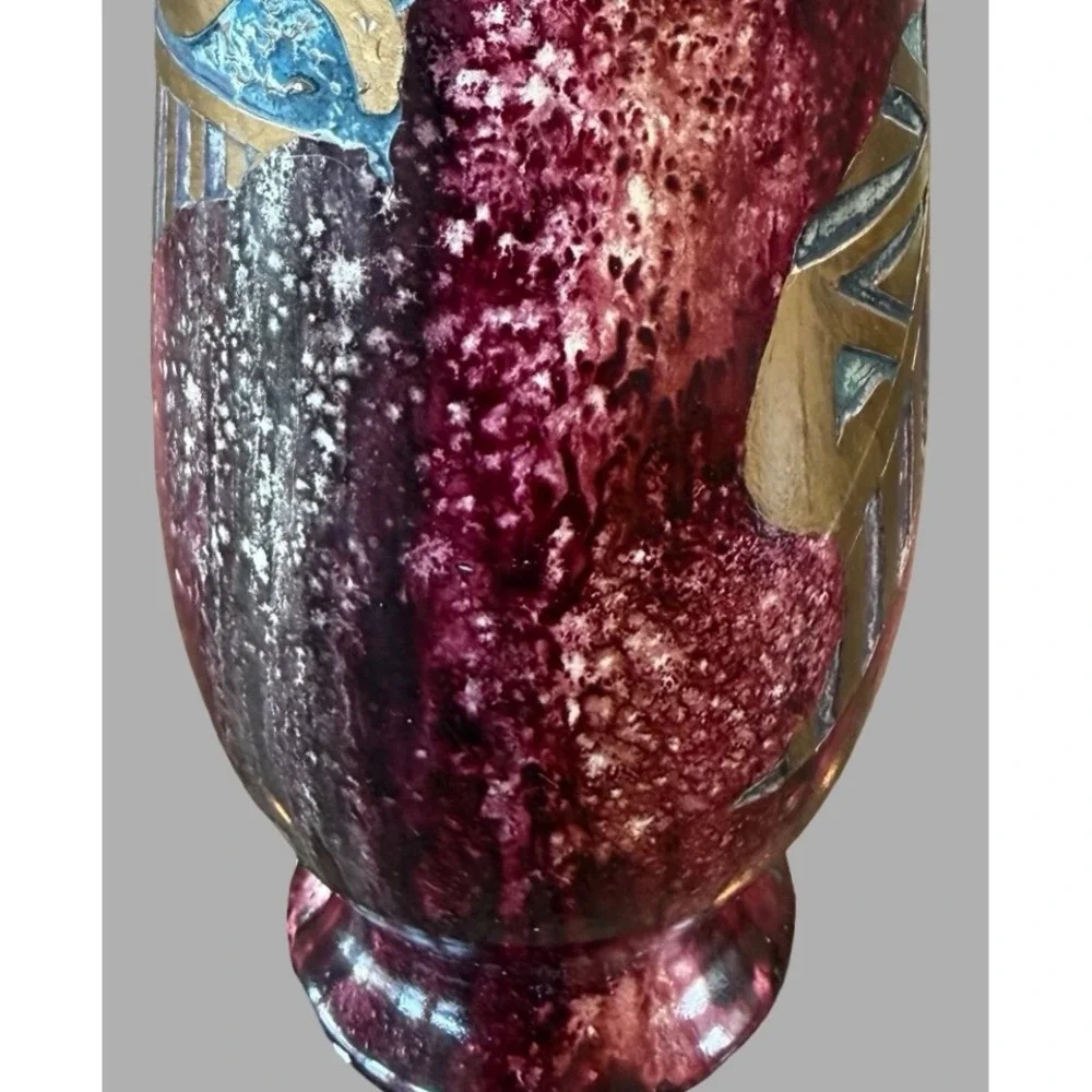 Vintage Art Pottery Vase Burgundy Blue‎ Bronze Abstract Relief 9